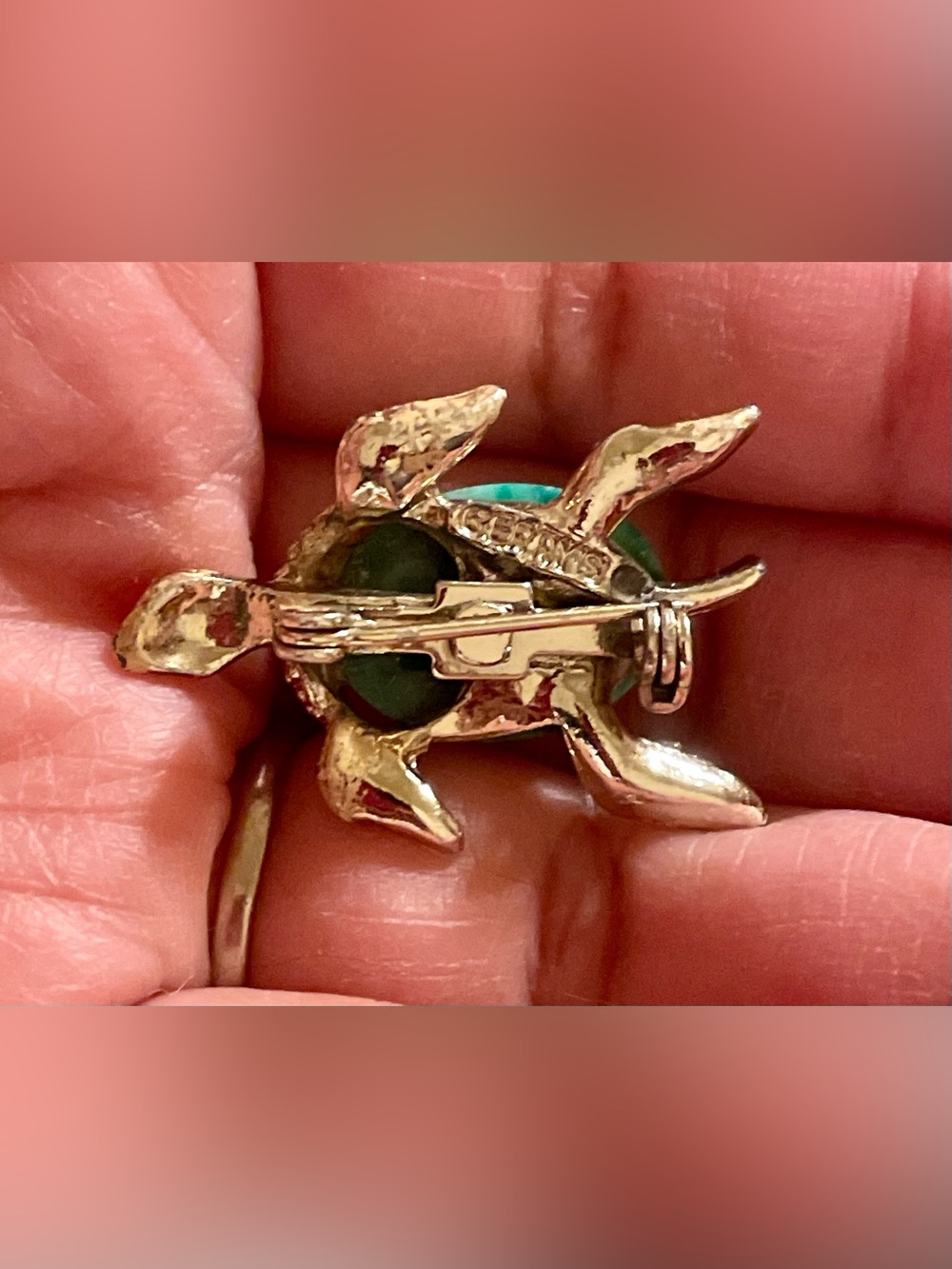 Vintage Gold Turtle Brooch with Teal Stone Shell - Picture 3 of 4